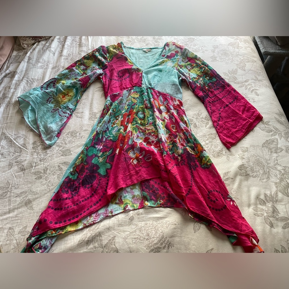 Patchwork Floral Flare Sleeve Asymmetric Sheer Cotton Midi Dress Small Fairycore